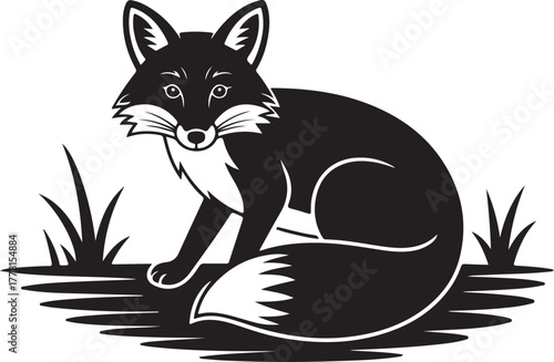 Black and white graphic illustration of a fox sitting in grass animal wildlife