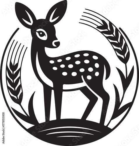 Black and white graphic of a fawn standing among wheat stalks within a circular frame