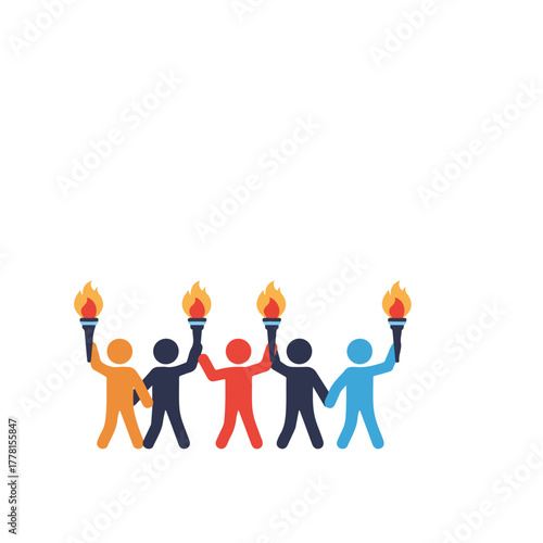 Diverse figures celebrate with torches. Suitable for unity, diversity, celebration, activism, empowerment, festivals, and events design concepts.
