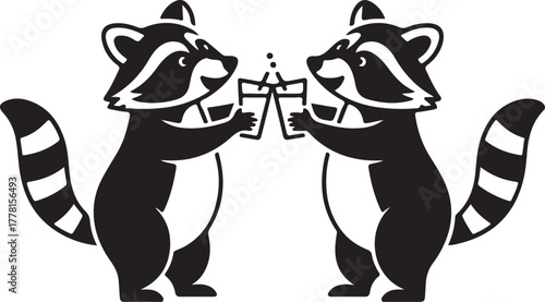 Two black raccoons standing and toasting with glasses of liquid with bubbles animal wildlife