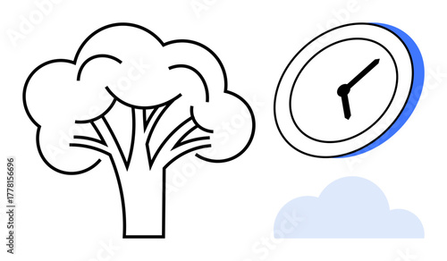 Abstract tree, wall clock, and cloud blend nature, time, and sustainability. Ideal for eco-consciousness, environmental care, time management growth balance future mindfulness. Simple flat