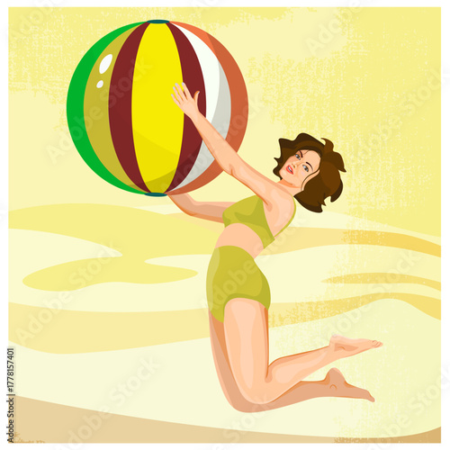 A girl with a ball in the summer in retro style