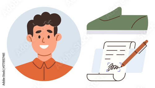 Smiling man portrait, green casual shoe, document with signature and pen. Ideal for lifestyle, fashion, contracts, agreements, personal identity, decision-making simple flat metaphor
