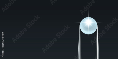 Vector Jewelry Tweezers Holding Blue Pearl on Black Background. Luxury Pearl Jewelry Banner, Elegant Pear Template for Jewelry Store, Fashion Accessory, Gemstone Design, Precious Stone Decoration