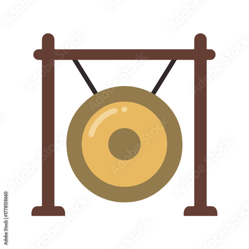 Traditional tan gong hanging on dark brown wooden stand, perfect for music or asian culture themed designs. Rich cultural element.