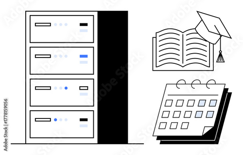 Server cabinet for data storage, open book with graduation cap, and calendar signify themes of data management, education, and planning. Ideal for technology, learning, scheduling, academia