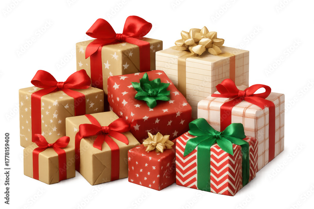 Obraz premium Gifts in red, green, and gold wrapping paper with decorative bows, creating a festive arrangement. Transparent background