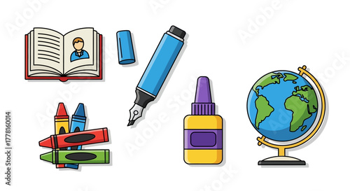 A cartoonstyle image displaying a book crayons glue a pen and a globe on a white background