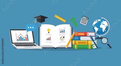 A blue background with a laptop book and academicthemed objects creating an educational or learningrelated scene