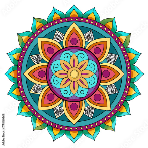 Colorful geometric mandala design with floral elements and intricate patterns