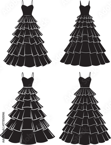 Four black evening gowns with tiered skirts silhouette