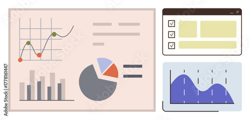Analytics dashboard with line graph, bar chart, pie chart, and checklist interface. Ideal for reports, business, data visualization, strategy analysis decision-making and presentations. Simple