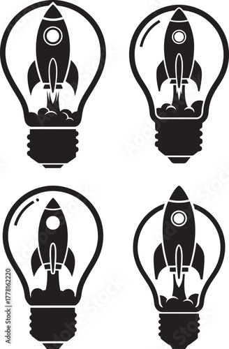 Four lightbulb silhouettes with rockets launching inside silhouette