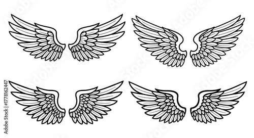 Four sets of stylized angel wings in black and white, each pair slightly different in feather arrangement and shape.