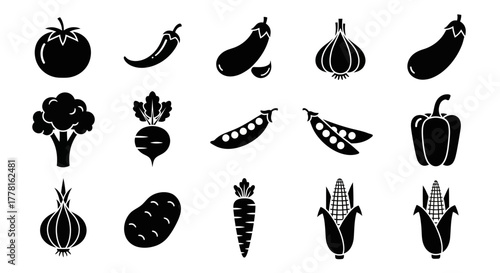 Black and white vector illustration featuring an assortment of vegetables including tomato, chili, eggplant, garlic, broccoli, beet, peas, onion, potato, car...