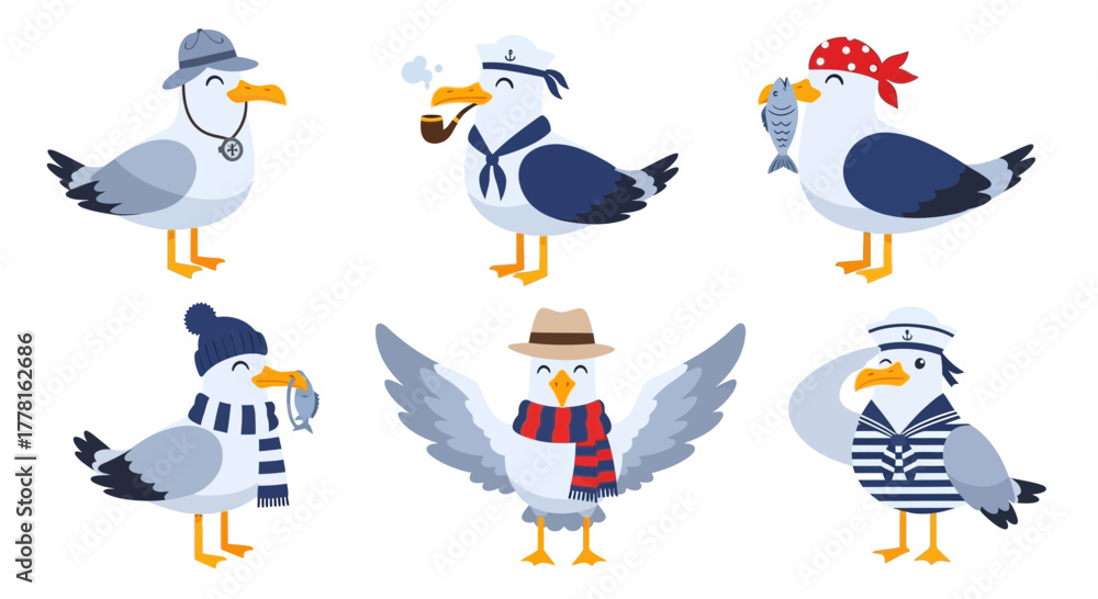 Obraz premium Six cartoon seagulls dressed in nautical themed clothing and accessories, including hats, scarves, and a pipe, some holding fish.