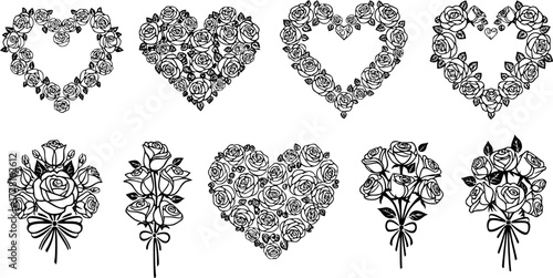 Elegant vector silhouette collection of floral bouquets and romantic heart shapes made of roses isolated on white background
