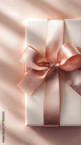 elegant white gift box wrapped with silky soft pink ribbon on pale pink peach background, top view, light and shadows, premium holiday branding, luxury product launches, festive marketing campaign.