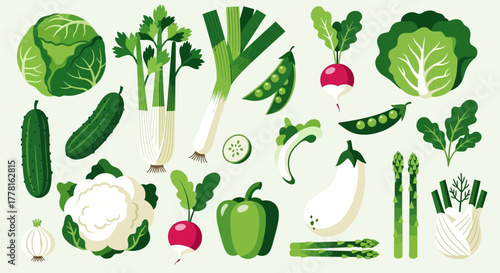 An assortment of fresh green vegetables, including cabbage, celery, leeks, radishes, cucumbers, cauliflower, peppers, eggplant, asparagus, fennel, and peas, ...