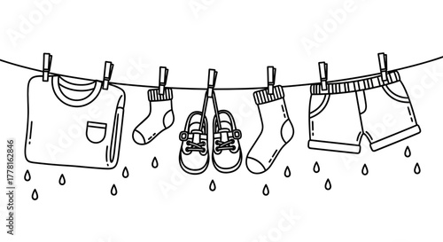 Line art illustration of clothesline with hanging t-shirt, socks, shoes, and shorts, with water droplets falling.