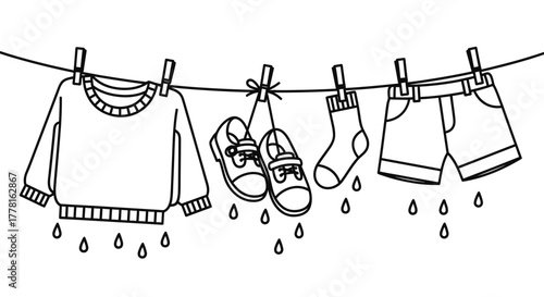 Line art illustration of clothes hanging on a clothesline, including a sweater, shoes, socks, and shorts, with water droplets.