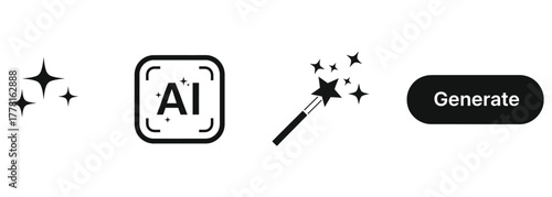 Generative AI Icons and Buttons Set. Artificial Intelligence Creation, Magic Enhancement, and Content Generation Vector Symbols.