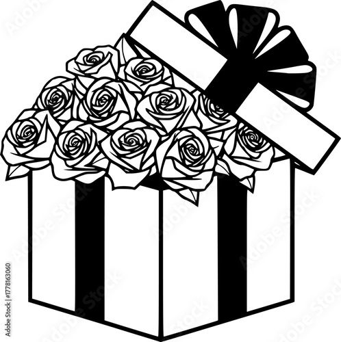 Elegant vector silhouette of an open gift box overflowing with blooming roses isolated on white background
