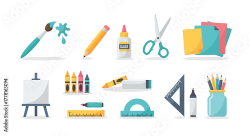 Art supplies laid out paintbrush pencils paper glue and other crafting tools on a white background