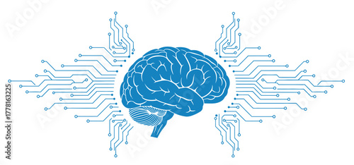 Digital Brain and Artificial Intelligence Concept. Machine Learning, Neural Network, and Technology Circuitry Connecting with Human Mind Vector Illustration.