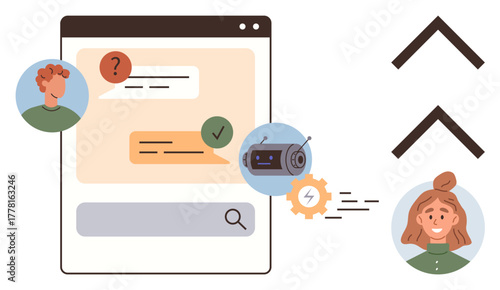 AI chatbot in a chat interface answers user queries, with avatars and arrows indicating user interaction. Ideal for communication, support, automation, AI, user experience, technology, networking