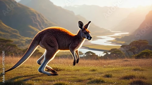 Kangaroo standing in a grassy field with mountains and a river in the background at sunrise kangaroo video