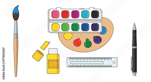 Art supplies paintbrush paints palette glue ruler and pen are arranged on a white background