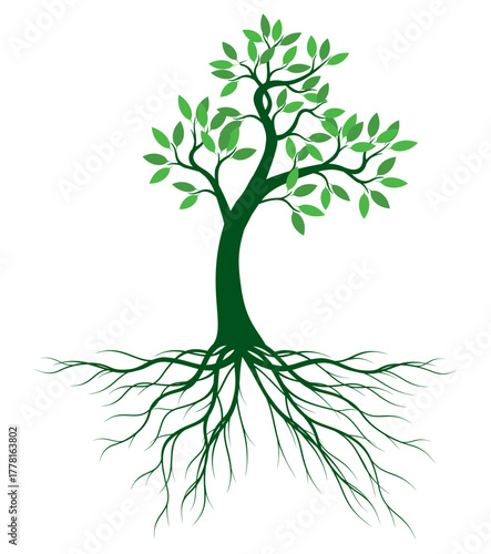 A tree drawn by hand. Green leaves on branches and curved trunk. Vector Illustration.