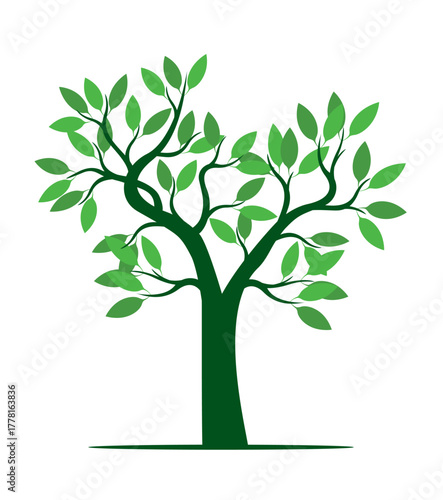 A tree drawn by hand. Green leaves on branches and curved trunk. Vector Illustration.