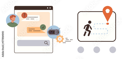 Chat interface with user avatar, question mark, checkmark, and chat bubbles alongside running person and location pin symbolizing messaging, user progress, navigation. Ideal for tech, communication