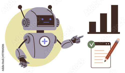 Robot with medical emblem gestures toward bar chart and completed checklist with pencil. Ideal for technology, AI, innovation, productivity, healthcare, data analysis, automation. Simple flat