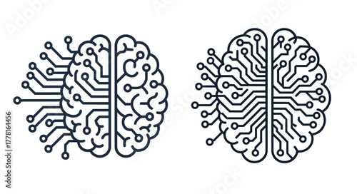 Digital Brain and Artificial Intelligence Icon Set. Human Brain and Electronic Circuitry Merging, Representing Machine Learning Technology Vector Outline Illustration.