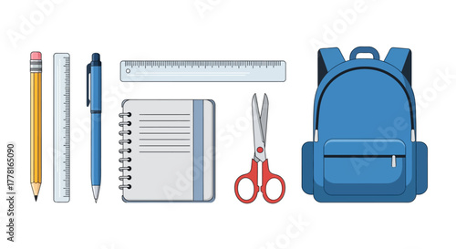 Backtoschool essentials pencil ruler pen notebook scissors  backpack arranged in a neat row on a white background