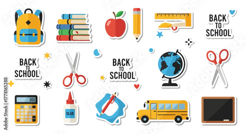 Backtoschool sticker collection backpack books apple calculator bus  other supplies