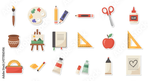 Cartoon art supplies are arranged in an organized colorful grid