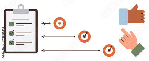 Checklist with completed tasks, arrow flow to target icons, hand gestures for approval and navigation. Ideal for planning, productivity, workflow, strategy, teamwork decision-making. Simple flat