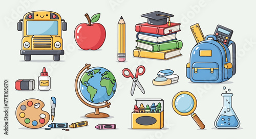 Cartoon illustration of school supplies including a bus books apple globe art supplies and science beaker
