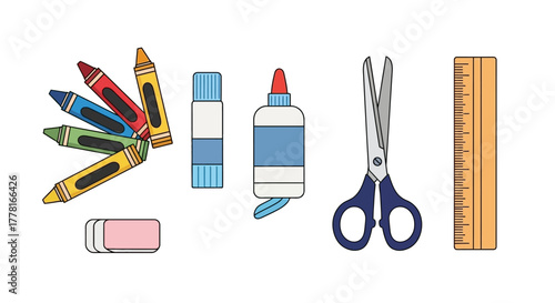 Colorful crayons glue scissors ruler and eraser are neatly displayed on a white background