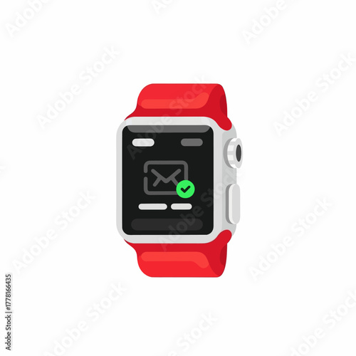 Modern smartwatch illustration with red strap and digital display showing message notification. Perfect for technology, fitness, communication, and wearable gadget concepts.