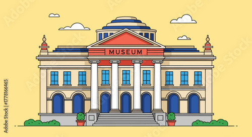 Flat vector illustration of a museum building with classical architecture, columns, and dome on yellow background. Perfect for education, culture, tourism, and history design projects.