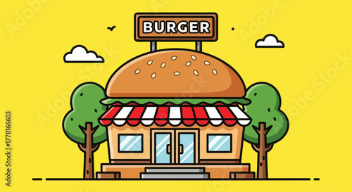 Colorful burger shop illustration with bright design and modern exterior. Perfect for food business, restaurant branding, fast food, and digital marketing visuals.