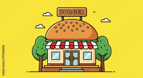Colorful burger shop illustration with bright design and modern exterior. Perfect for food business, restaurant branding, fast food, and digital marketing visuals.