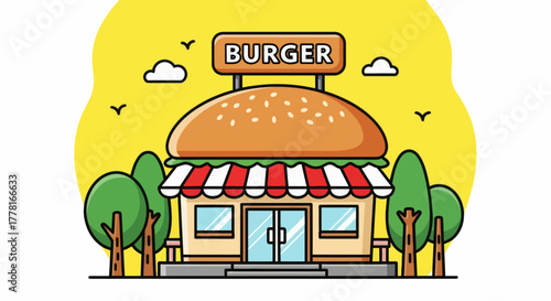 Colorful burger shop illustration with bright design and modern exterior. Perfect for food business, restaurant branding, fast food, and digital marketing visuals.