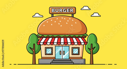 Colorful burger shop illustration with bright design and modern exterior. Perfect for food business, restaurant branding, fast food, and digital marketing visuals.