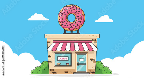 Colorful donut shop illustration with pink frosted donut sign, striped awning, and blue sky background. Perfect for bakery, dessert, or cafe branding design.